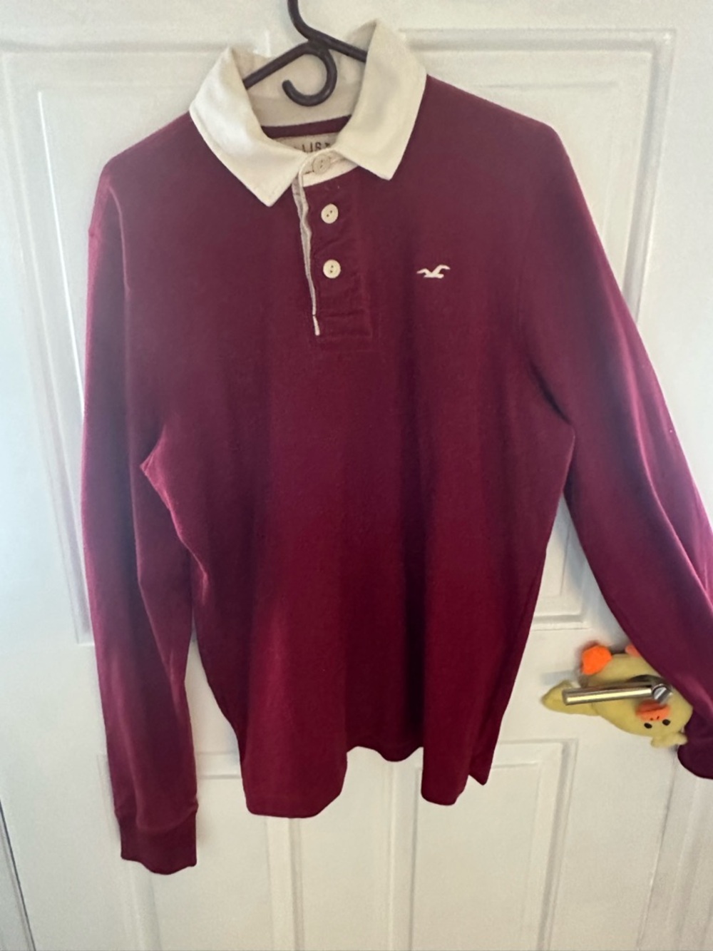 Hollister Men’s Long-Sleeve Rugby Polo - Burgundy with White Collar